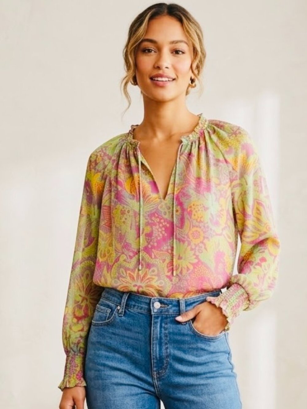 RAMY BROOK Sheer Pink Green Yellow Paisley Blouse Top Tassel Tie Women's Size S